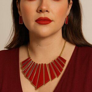 Vintage Gold Tone Red Amber Resin Bar Fringe Egyptian Style Statement Necklace